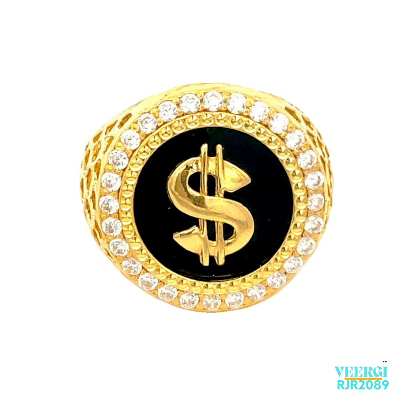 A 22kt gold men's ring with a round top featuring CZ stones on the border and a black background with a $ sign in the middle is a stunning piece of jewelry that exudes sophistication and class.  Weight: 11.60 gm Size: 11