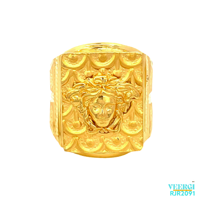 A 22kt gold men's ring with a rectangular top and a Versace design in the middle, with a beautiful matte finish design as a background, is a sleek and stylish piece of jewelry. Weight: 9.20 gm Size: 10.75