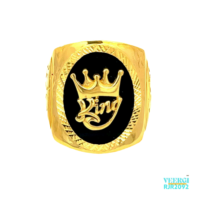 A 22kt gold men's ring with a rectangular top and an oval border, with the word "King" written in yellow with a crown in the middle, and a black background is a bold and regal piece of jewelry. Weight: 12.60 gm Size: 11.5