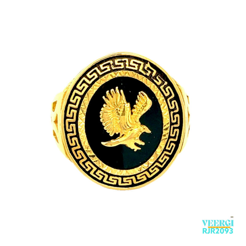 A 22kt gold men's ring with an oval top, featuring a Greek design in yellow gold and a black enamel background, with a 3D flying baaz in the middle and a black enamel background, is a striking and unique piece of jewelry. Weight: 13.30 gm Size: 11.5