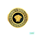 A rounded 22kt gold ring for men with a Greek design in yellow gold and a black enamel background, with an oval design in the middle featuring a 3D Versace emblem with a black enamel background could look like this. Weight: 10.20 gm Size: 10.5