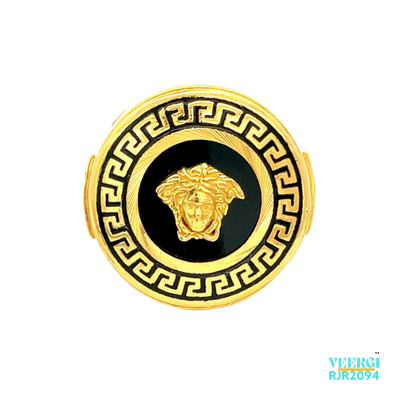 A rounded 22kt gold ring for men with a Greek design in yellow gold and a black enamel background, with an oval design in the middle featuring a 3D Versace emblem with a black enamel background could look like this. Weight: 10.20 gm Size: 10.5