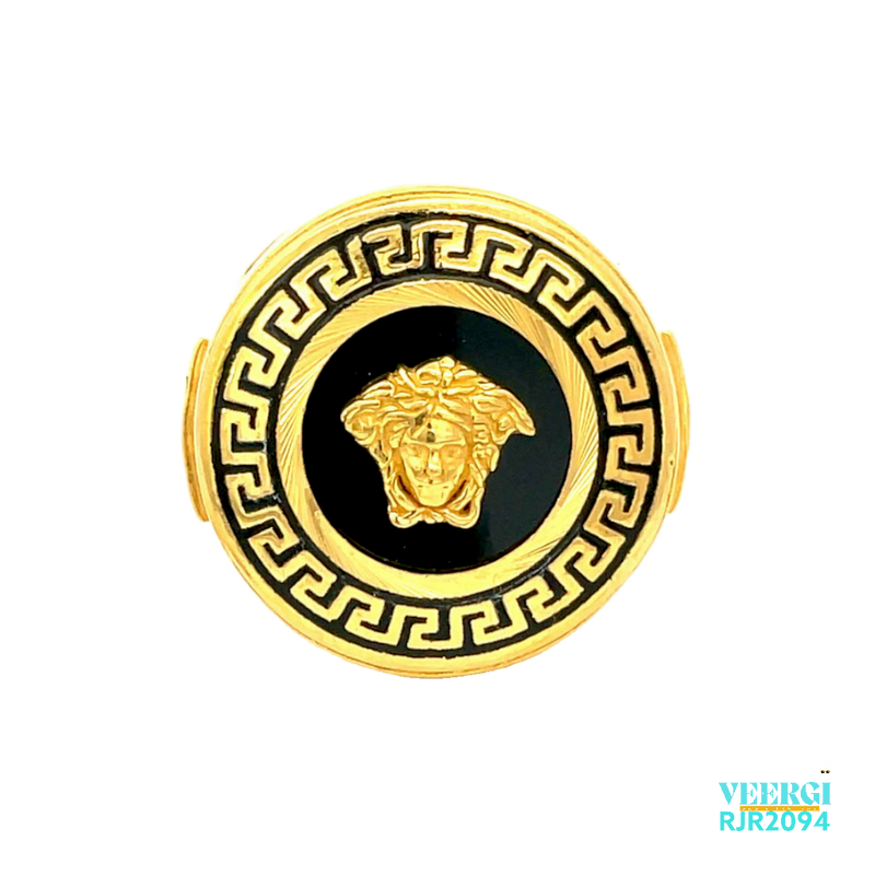 A rounded 22kt gold ring for men with a Greek design in yellow gold and a black enamel background, with an oval design in the middle featuring a 3D Versace emblem with a black enamel background could look like this. Weight: 10.20 gm Size: 10.5