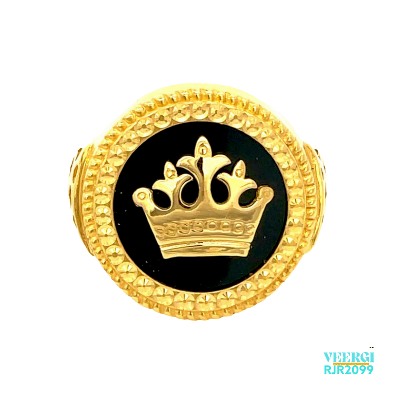 A 22kt gold men's ring with a stunning crown design that features intricate details and a highly polished finish. The crown is a symbol of power and royalty. Weight 10.10 gm