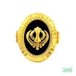 A magnificent 22kt gold men's ring featuring the Khanda symbol, a religious symbol of the Sikh community. The Khanda is composed of a double-edged sword, surrounded by a circle and two crossing swords. Weight 11.10 gm