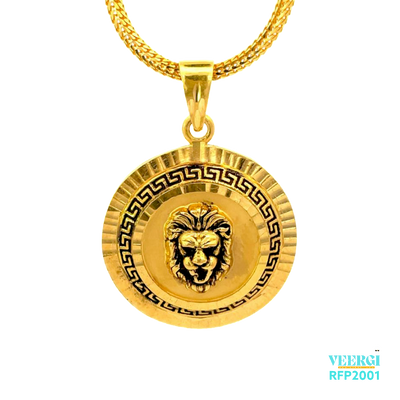 22kt gold pendant with a Greek design featuring a 3D lion highlighted in black and gold. Weight 8.70 gm. SKU RFP2001.