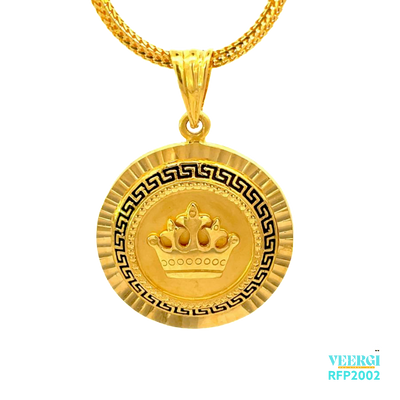 22kt gold pendant with a Greek design in black featuring a 3D crown in the middle. Weight 8.50 gm. SKU RFP2002.