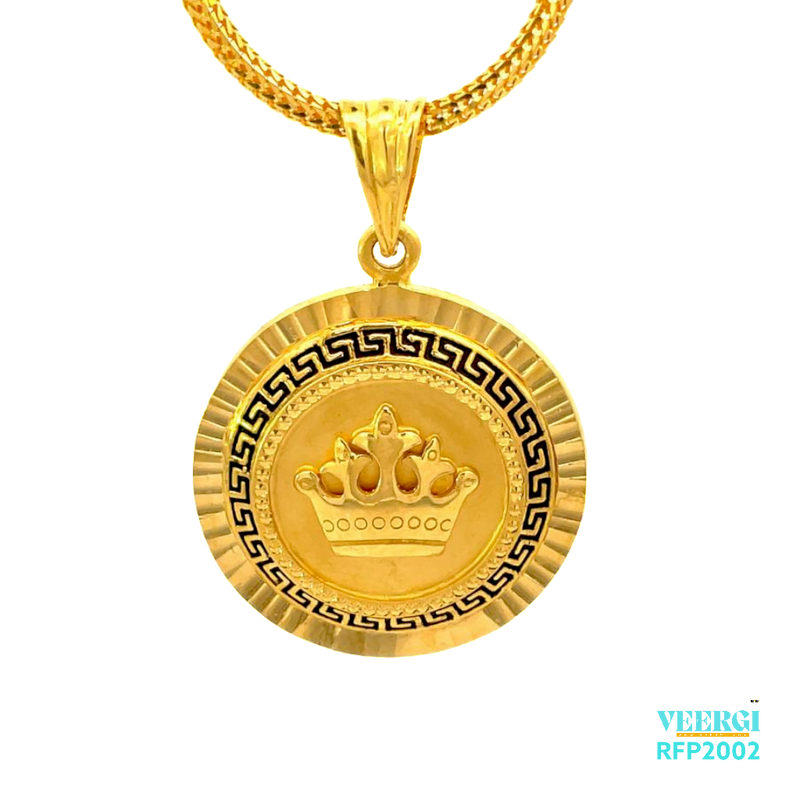22kt gold pendant with a Greek design in black featuring a 3D crown in the middle. Weight 8.50 gm. SKU RFP2002.