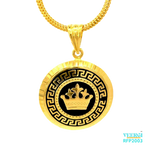 22kt gold pendant with a Greek design in black featuring a 3D crown in gold in the middle, set against a black enamel background. Weight 9.20 gm. SKU RFP2003.