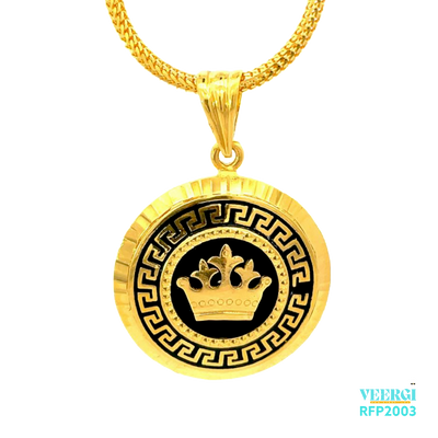 22kt gold pendant with a Greek design in black featuring a 3D crown in gold in the middle, set against a black enamel background. Weight 9.20 gm. SKU RFP2003.