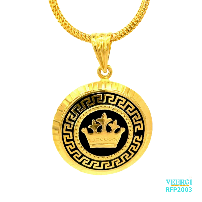 22kt gold pendant with a Greek design in black featuring a 3D crown in gold in the middle, set against a black enamel background. Weight 9.20 gm. SKU RFP2003.