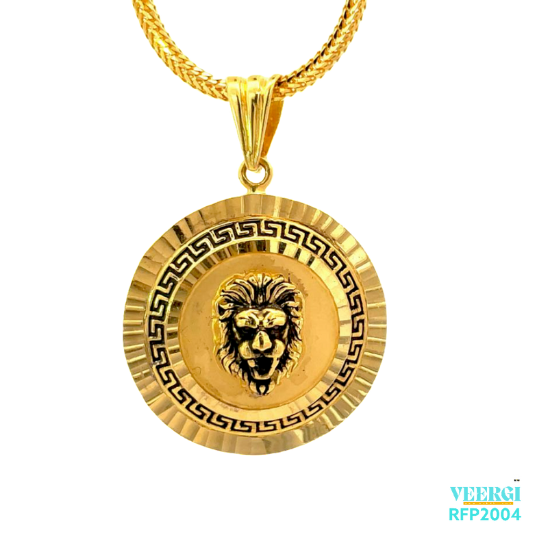 22kt gold pendant with a Greek design featuring a 3D oxidized lion. Weight 8.90 gm. SKU RFP2004.