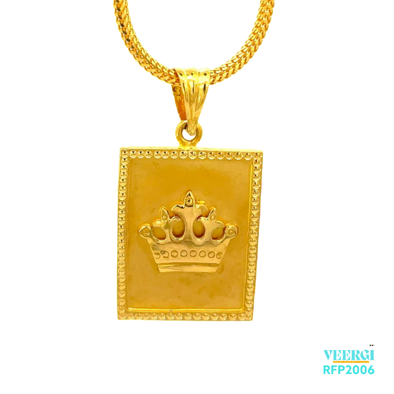 A 22kt gold pendant with a crown in the middle is a beautiful and regal piece of jewelry. The crown is a symbol of royalty, power, and authority, and has been used in jewelry for centuries