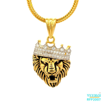 22kt gold pendant of a lion face with an oxidized finish and a cubic zirconia crown. Weight 8.80 gm. SKU RFP2006.