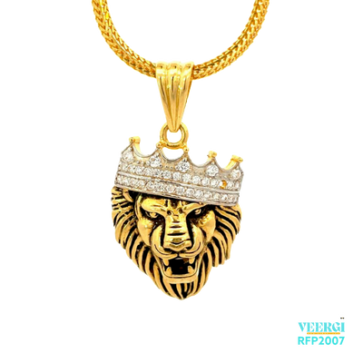 22kt gold pendant of a lion face with an oxidized finish and a cubic zirconia crown. Weight 8.80 gm. SKU RFP2006.