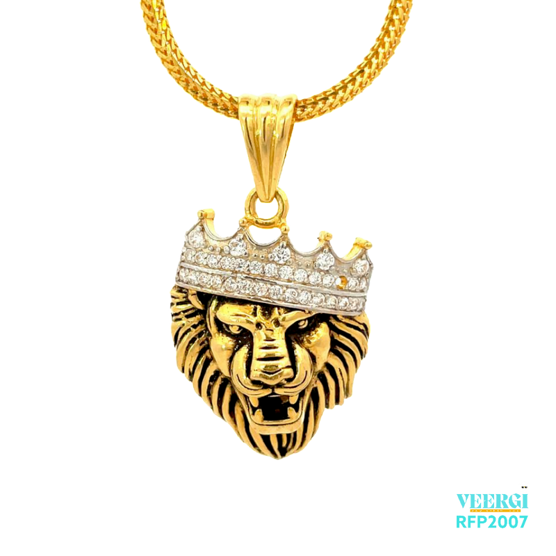 22kt gold pendant of a lion face with an oxidized finish and a cubic zirconia crown. Weight 8.80 gm. SKU RFP2006.