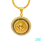 VeerGi Presents, A 22kt gold Sikh pendant featuring a 3D cut-out of the Khanda symbol on a round base. The pendant has a Greek border in black, and Cubic Zirconia accents on the edges. The Khanda symbol is finished in a matt texture. The pendant weighs 9.10 grams and is made of 22kt yellow gold.