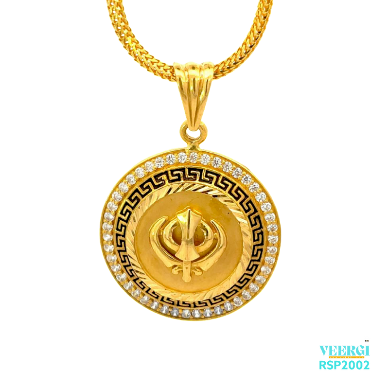 VeerGi Presents, A 22kt gold Sikh pendant featuring a 3D cut-out of the Khanda symbol on a round base. The pendant has a Greek border in black, and Cubic Zirconia accents on the edges. The Khanda symbol is finished in a matt texture. The pendant weighs 9.10 grams and is made of 22kt yellow gold.