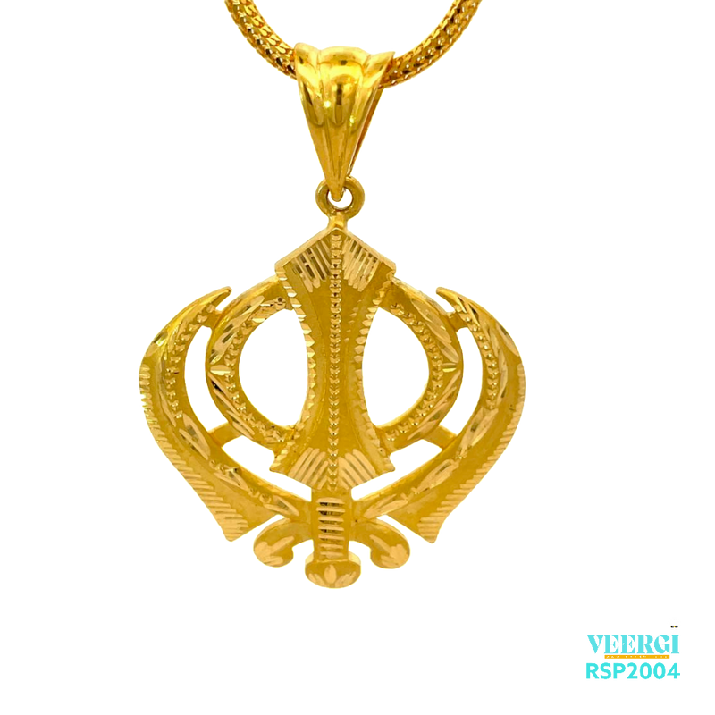 The VeerGi Presents 22kt gold Sikh Pendant of Khanda is a beautiful piece of jewelry featuring the Khanda symbol. The pendant is machine-made and incorporates intricate lines. It has a matt finish, adding a textured and non-reflective surface to the design. This pendant belongs to the Sikh Pendant collection with the code RSP2004 and weighs 12.90 grams. It is made of 22kt yellow gold.