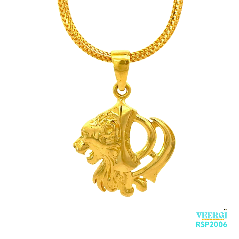 The VeerGi Presents 22kt gold Sikh Pendant of Half Khanda and Half Lion is a unique and eye-catching piece of jewelry. The pendant showcases a 3D design featuring half of the Khanda symbol and half of a lion. This combination represents the strength, courage, and spirituality associated with Sikhism. This pendant belongs to the Sikh Pendant collection with the code RSP2006 and has a weight of 6.90 grams.