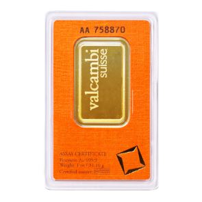 VeerGi Presents A 24kt gold Valcambi Suisse 1 oz bar weighs 31.1 grams and is made of 99.99% pure gold. Valcambi Suisse is a renowned Swiss precious metals refinery known for producing high-quality gold bars. The 1 oz size is a popular choice for both investors and collectors due to its convenient size and liquidity in the market. This gold bar is an excellent investment option for those seeking to acquire pure gold bullion.