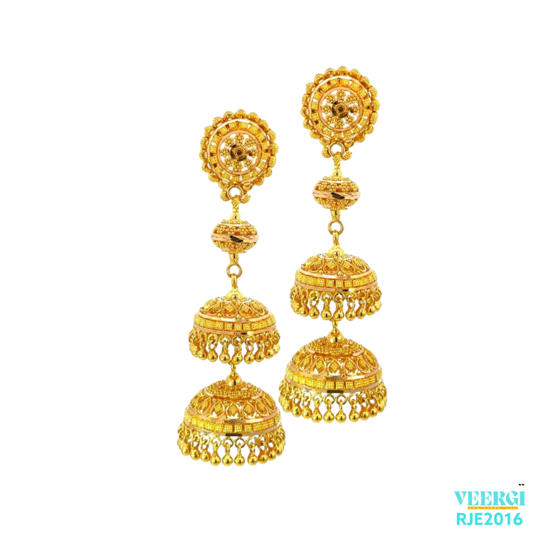 A 22kt gold Jhumka with a 2-layer chandelier is a traditional Indian earring design that consists of a bell-shaped structure with intricate goldwork and a suspended chandelier-like structure attached to it. Weight is 25.10 gm, Height 6.0 cm Width 2.0 cm