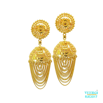 A 22kt gold Jhumka with multiple graduating Cuban link chains is a unique and fashionable earring design that incorporates both traditional and modern elements. Weight 24.70 gm, Height 5.0 cm, Width 1.5cm