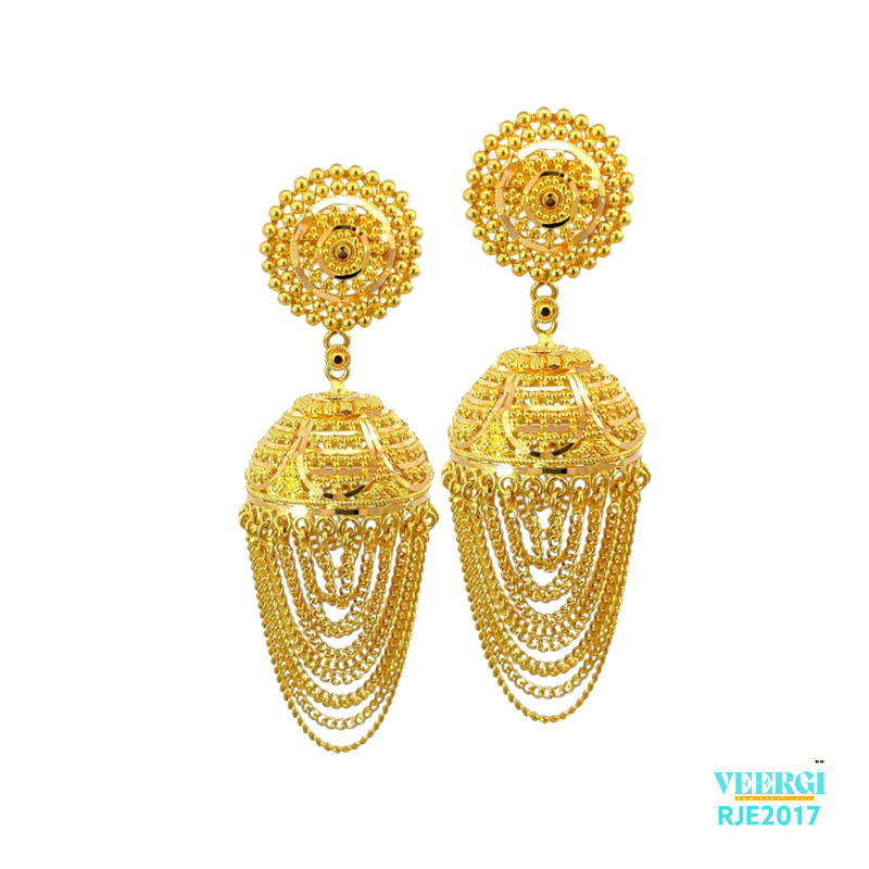 A 22kt gold Jhumka with multiple graduating Cuban link chains is a unique and fashionable earring design that incorporates both traditional and modern elements. Weight 24.70 gm, Height 5.0 cm, Width 1.5cm