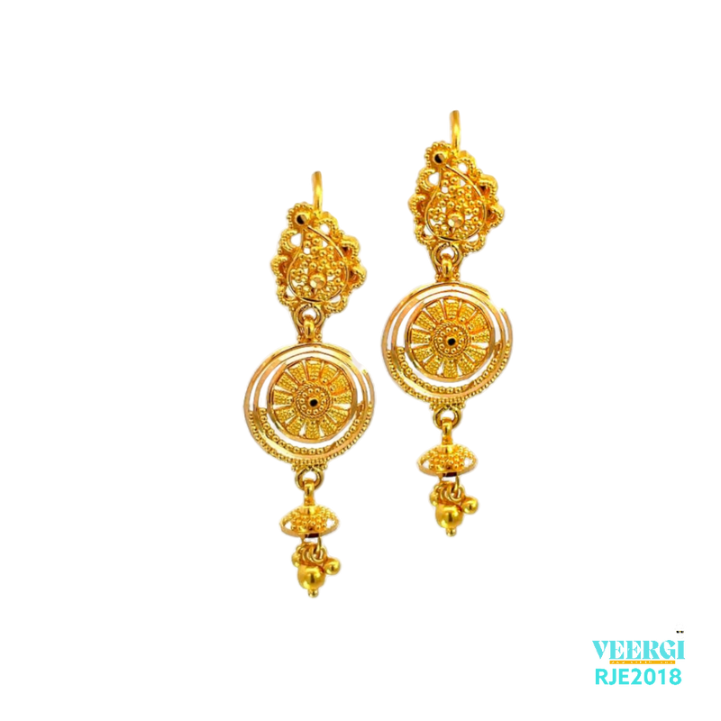 22kt gold handmade earring with a screw back post, round design, and latkans is a stunning and timeless piece of jewelry that is perfect for special occasions, weddings, and other formal events. Weight 5.90 gm, Height 4.0 cm Width 1.2 cm