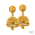 A 22kt gold jhumka with a single jhumar and glossy balls all around is a beautiful and intricate Indian earring design. The earrings are made of 22-karat gold