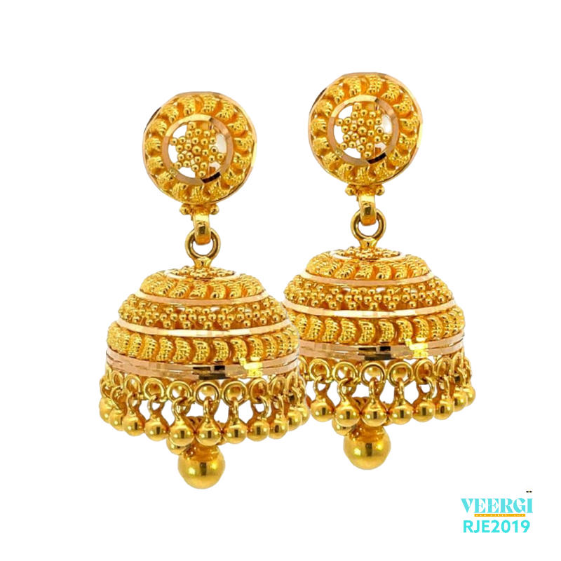 A 22kt gold jhumka with a single jhumar and glossy balls all around is a beautiful and intricate Indian earring design. The earrings are made of 22-karat gold