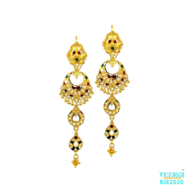 22kt gold Chand Bali with 2 tear drops, Minakari work, and small glossy balls hanging is a stunning and unique piece of jewelry that is perfect for special occasions, weddings, and other formal events. Weight 10.10 gm, Height 6.5 cm, Width 2.0 cm.