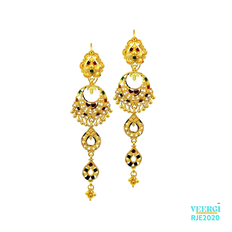22kt gold Chand Bali with 2 tear drops, Minakari work, and small glossy balls hanging is a stunning and unique piece of jewelry that is perfect for special occasions, weddings, and other formal events. Weight 10.10 gm, Height 6.5 cm, Width 2.0 cm.