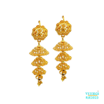 A 22kt gold earring with 3 layers of chandelier drop and a screw-back post is a stunning and intricate piece of jewelry. The earrings are made of 22-karat gold, which is known for its high quality and value. Weight: 12.80 gm, Heignht:5.0 cm Width: 1.5cm