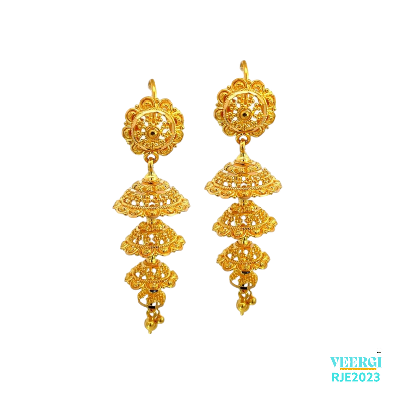 A 22kt gold earring with 3 layers of chandelier drop and a screw-back post is a stunning and intricate piece of jewelry. The earrings are made of 22-karat gold, which is known for its high quality and value. Weight: 12.80 gm, Heignht:5.0 cm Width: 1.5cm