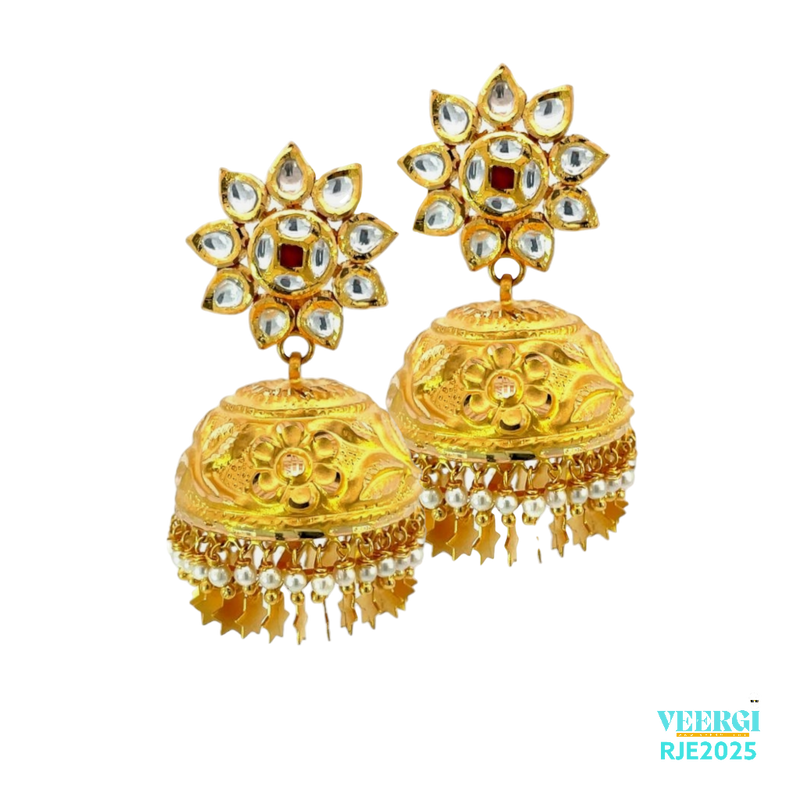 A 22kt gold Jhumka with screw back post, Kundan work on the top post, small pearls, and thin diamond cut out hangings is a beautiful and intricate piece of jewelry. Weight: 33.00 gm Height: 4.5cm Width: 2.5cm