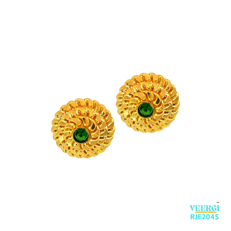 VeerGi Presents, Tops Earrings RJE2045 features a beautiful and elegant design. These 22kt gold earrings have a dome shape with a green stone in the middle and a screw back post. They are handmade with meticulous craftsmanship, ensuring their uniqueness and quality. The earrings weigh 5.10 grams and have a height and width of 1.4cm.