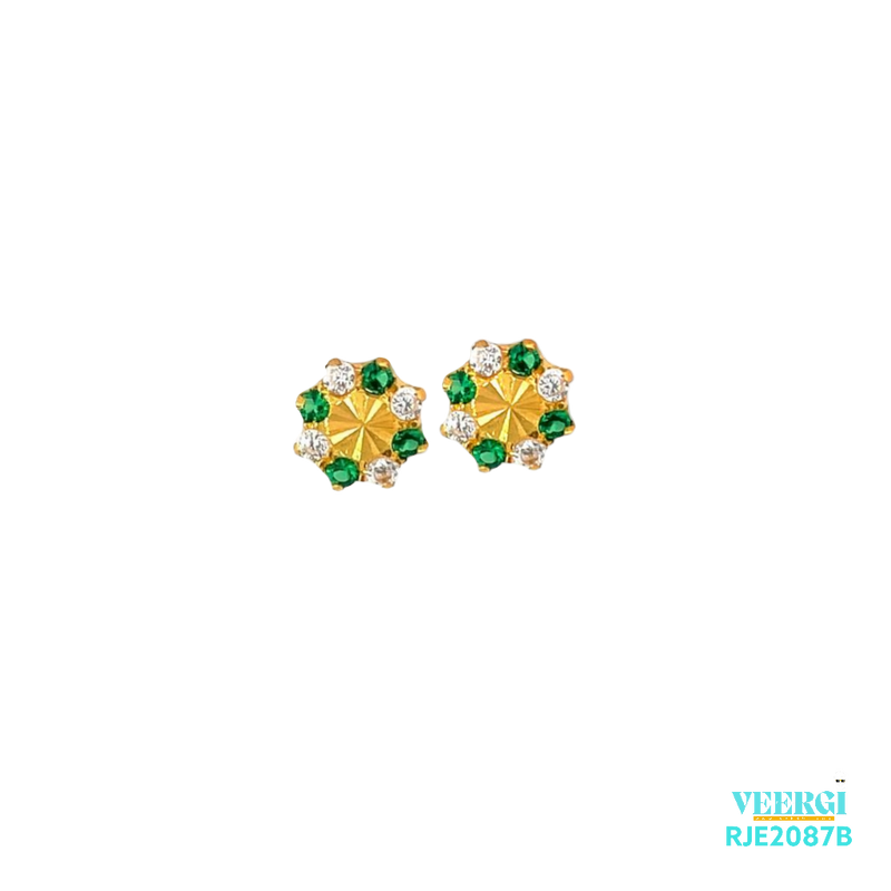 22kt gold earrings in all yellow gold with cubic zirconia stones in clear and green, featuring a screw-back design. SKU: RJE2087. Weight: 1.00 gram.