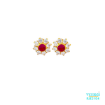 22kt gold screw-back tops/studs earrings with a red ruby stone in the middle, surrounded by cubic zirconia. SKU: RJE2104. Weight: 1.7 grams.