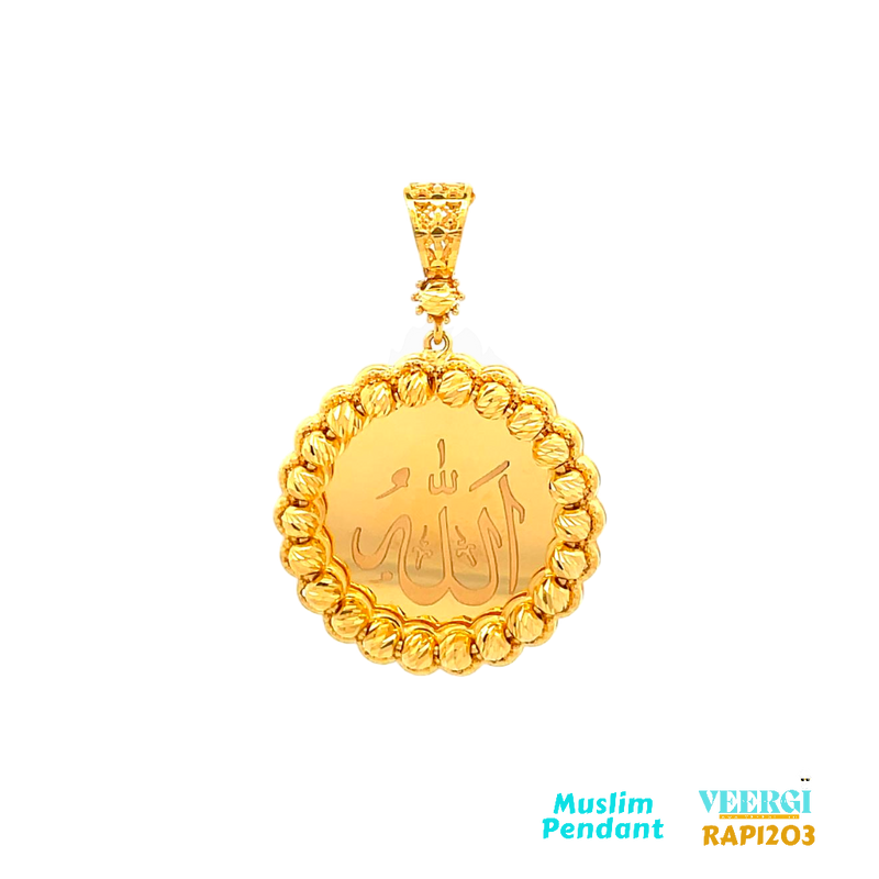 A 22kt gold pendant weighing 7.4 grams, featuring a round shape with a high gloss finish and a border of little gold balls strung together, would create an elegant and eye-catching piece of jewelry.