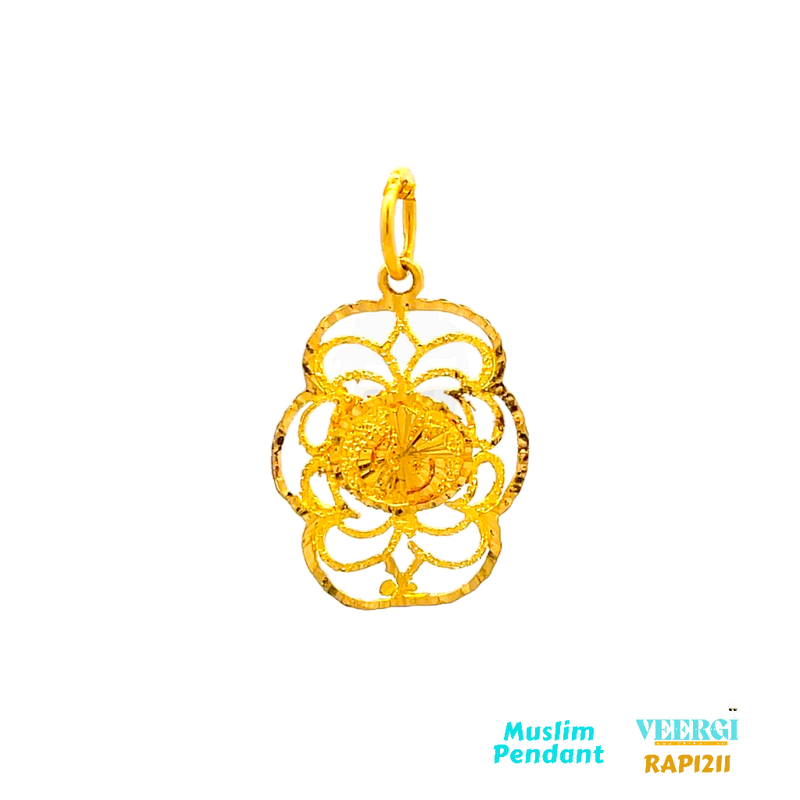 A 22kt gold small pendant weighing 2.5 grams featuring a combination of a Chand (moon) in rhodium and the Kaaba in gold would create a unique and symbolic piece of jewelry. The Chand and the Kaaba hold significant religious and cultural symbolism in Islam.  2.2 gm / Yellow Gold / 3.1cm/2 cm