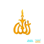 A 22kt gold small pendant of Allah with a sand finish would create a unique and distinctive piece of religious jewelry. The word "Allah" holds deep reverence and significance in Islam, and the sand finish adds a textured and rustic touch to the pendant. 1.9 gm / Yellow Gold / 3cm/2cm