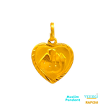 A 22kt gold small pendant in the shape of a heart with the word "Allah" written in the middle would be a beautiful and meaningful piece of religious jewelry for individuals who follow the Islamic faith.  1.1 gm / Yellow Gold / 1.7cm/2.2cm