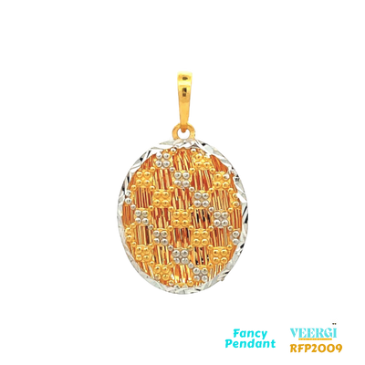 22-karat gold pendant with an oval and netted design in a two-tone color scheme (presumably yellow gold and rhodium color), weighing 3.8 grams and measuring 3.5cm by 2.0cm. The product is categorized as a fancy pendant and is listed under the product code RFP2009.