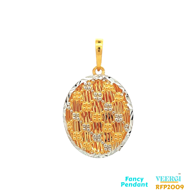 22-karat gold pendant with an oval and netted design in a two-tone color scheme (presumably yellow gold and rhodium color), weighing 3.8 grams and measuring 3.5cm by 2.0cm. The product is categorized as a fancy pendant and is listed under the product code RFP2009.