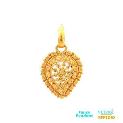 22-karat yellow gold with a traditional Indian design that is handmade. It weighs 2.6 grams and measures 2.8cm by 1.6cm. The pendant is categorized as a fancy pendant and is listed under the product code RFP2010.