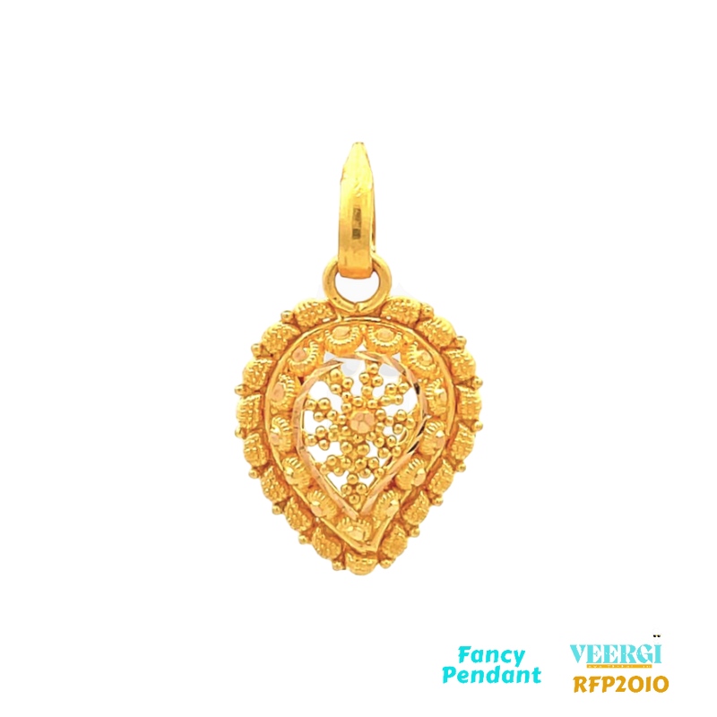 22-karat yellow gold with a traditional Indian design that is handmade. It weighs 2.6 grams and measures 2.8cm by 1.6cm. The pendant is categorized as a fancy pendant and is listed under the product code RFP2010.