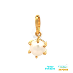 22-karat gold pendant featuring a single pearl held in prongs. It falls under the category of fancy pendants with the product code RFP2013. The pendant weighs 1.6 grams and has dimensions of 1.9cm by 1.0cm. It is made of yellow gold.