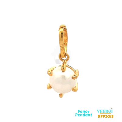 22-karat gold pendant featuring a single pearl held in prongs. It falls under the category of fancy pendants with the product code RFP2013. The pendant weighs 1.6 grams and has dimensions of 1.9cm by 1.0cm. It is made of yellow gold.