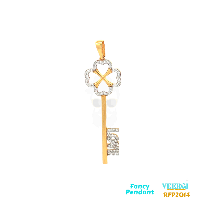 22-karat gold pendant in the shape of a key. The key pendant features a clover flower design on the top, which is adorned with cubic zirconia. On the key itself, the word 